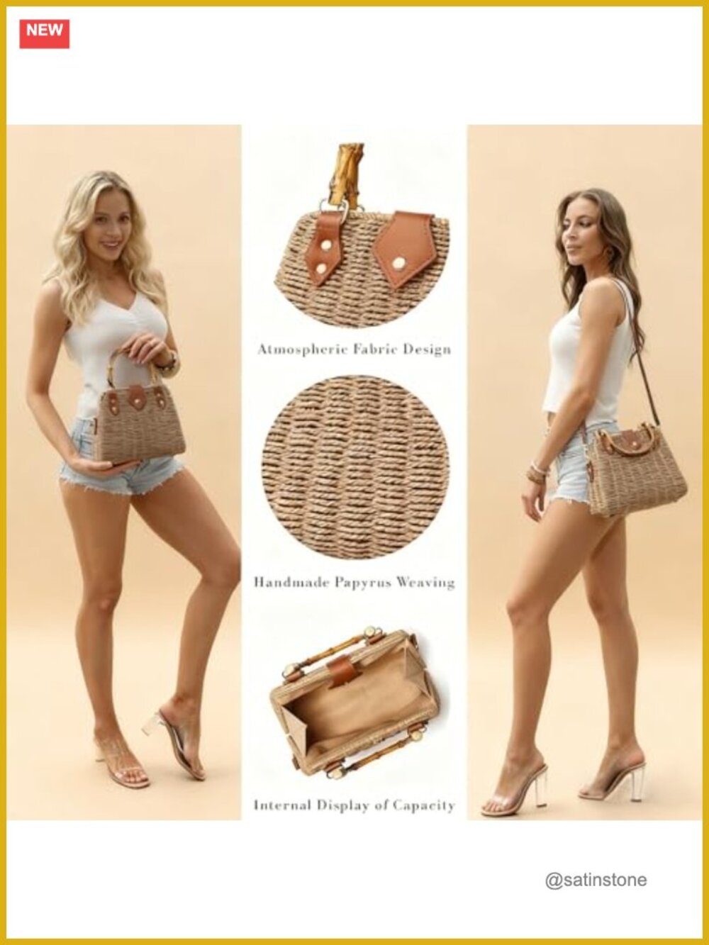 Handwoven Straw Crossbody Bag Summer Boho Beach Purse With Magnetic Closure - Picture 4 of 7